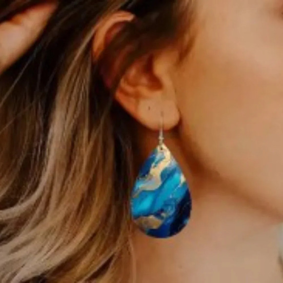 PU Leather Waterdrop Dangle Earrings - Drop & Dangle, Irregular Blue Pattern - Picture 3 of 5